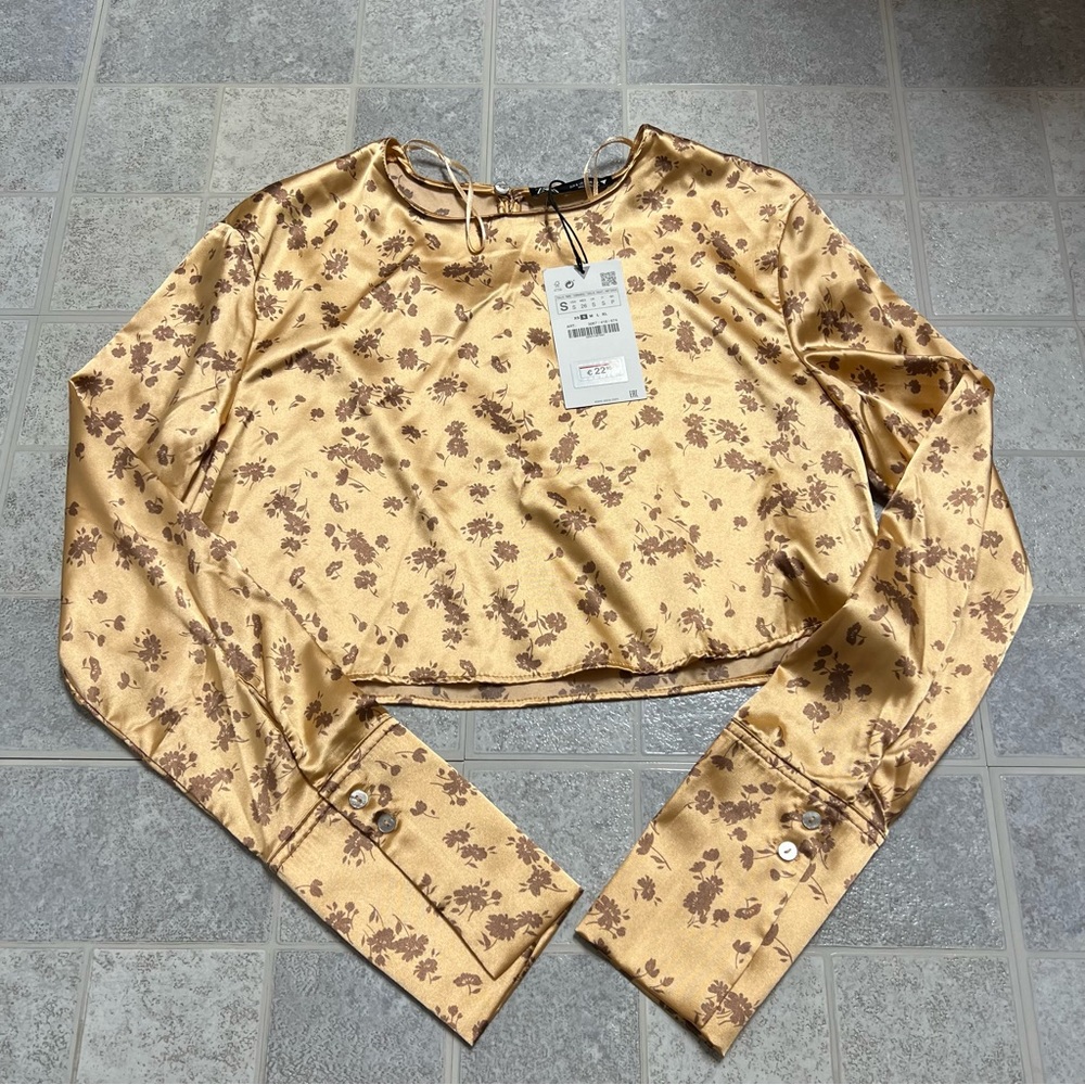NWD Zara Gold Satin Floral Long Sleeve Crop Top